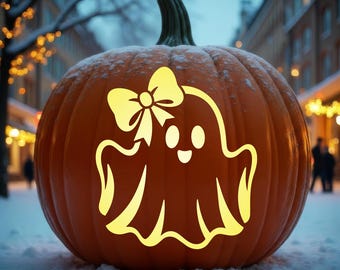 Ghost Pumpkin with Bow Carving Stencil Template – Printable Halloween Jack O Lantern Pattern (Digital Download), #JOL