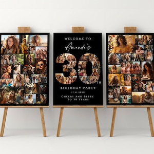 Ensemble de modèles de collage photo noir 30e anniversaire, panneau de bienvenue modifiable et imprimable, cadeau poster personnalisé pour ami, soeur ou femme