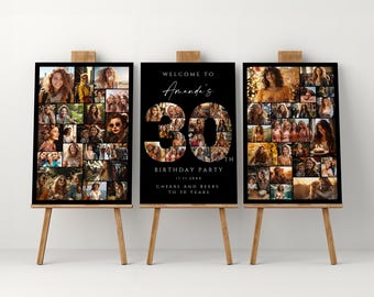 Black 30th Birthday Photo Collage Template Set, Editable and Printable Welcome Board, Personalized Poster Gift for Friend, Sister or Wife
