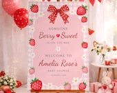 Berry Sweet Baby Shower Welcome Sign, Cute Strawberry Girl Shower Decor, Editable Canva Pink Printable Poster, Digital Download, #BS06
