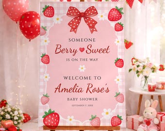 Berry Sweet Baby Shower Welcome Sign, Cute Strawberry Girl Shower Decor, Editable Canva Pink Printable Poster, Digital Download, #BS06