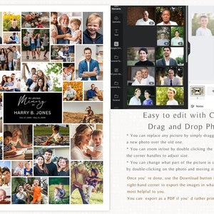 Pu&ograve; includere: Un collage di foto in una disposizione a griglia con una scheda di titolo in bianco e nero che recita "In Loving Memory of Harry B. Jones" con le date. Il collage &egrave; circondato da un bordo bianco. L'immagine mostra un tutorial su come modificare il collage usando Canva.