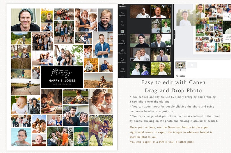 Pu&ograve; includere: Un collage di foto in una disposizione a griglia con una scheda di titolo in bianco e nero che recita "In Loving Memory of Harry B. Jones" con le date. Il collage &egrave; circondato da un bordo bianco. L'immagine mostra un tutorial su come modificare il collage usando Canva.