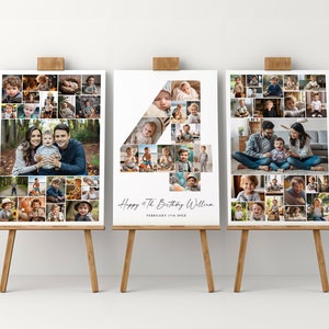 4. Geburtstag Willkommen Zeichen Vorlagen Set, anpassbare und druckbare vierten Geburtstag Foto Collage Bundle, Feier Bord Baby Jungen oder Mädchen
