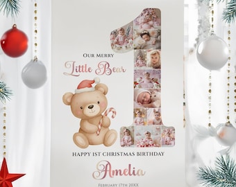 Christmas Bear 1st Birthday Collage Template, Little Bear First Birthday Sign Poster, 1st Birthday for Girl, Canva Template, #CFB01