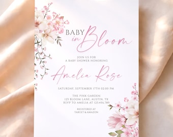 Baby in Bloom Shower Invitation Template, Cherry Blossoms Spring Flowers Baby Shower Invite, Editable Canva Digital Download, #BS11