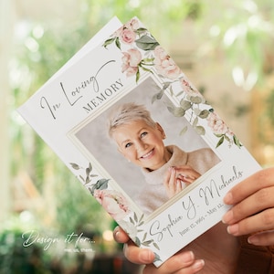 Plantilla del programa funerario de rosas para mujeres, en memoria amorosa, programa conmemorativo, plantilla de servicio conmemorativo, plantilla de obituario, funeral imprimible