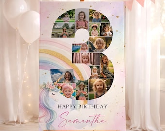 Unicorn 3rd Birthday Photo Collage Template, 3rd Birthday Poster, Editable Canva Template, 3rd Birthday Unicorn Party Decor for Girl, Canva