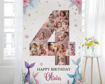 Mermaid 4th Birthday Photo Collage Template, 4th Birthday Poster, Editable Canva Template, 4th Birthday Mermaid Party Decor for Baby Girl