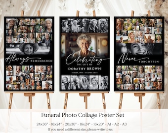 May include: A set of three black and white photo collage posters with the words "Always Remembered", "Celebrating the Life of DORATHY BROWN 14 MAY, 1945 - 11 APRIL 2021", and "Never Forgotten". The posters are on easels and are 24x36 inches, 18x24 inches, 20x30 inches, 16x24 inches, and 16x20 inches.