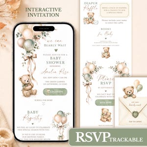 Puede incluir: Una invitación digital para baby shower en la pantalla de un teléfono con un osito de peluche sosteniendo globos, el texto We Can Bearly Wait, Amelia Rose y detalles de registro, junto con diseños a juego para rifa y confirmación.