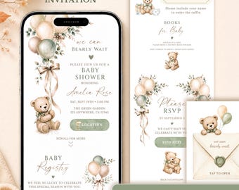 Teddy Bear Baby Shower Invitation, Digital Evite with Online RSVP,  Sage Greenery We Can Bearly Wait, Canva Website, Digital Download, #BS28