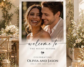 Welkomstbord van het repetitiediner met foto, The Night Before Wedding-poster, bewerkbare canvassjabloon (digitale download)