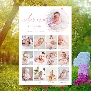 Plantilla de collage de fotos del primer año de Aurora Baby, tablero de fotos de mi primer año, plantilla del primer cumpleaños, póster imprimible del primer año del bebé