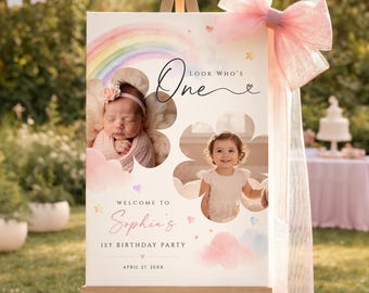 Rainbow 1st Birthday Photo Welcome Sign Template, Baby Girl First Birthday Party Poster, Editable Canva, Digital Download, #RBW