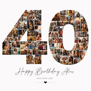 Sjabloon voor fotocollage ter ere van je 40e verjaardag, gepersonaliseerd verjaardagscadeau, collage met het getal 40, bewerkbaar in Canva, digitale download