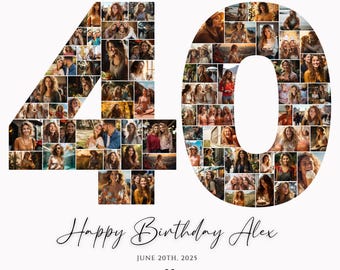 40th Birthday Photo Collage Template, Personalized 40th Birthday Gift for Her, for Him, Number 40 Collage, Family Gift, Birthday Gift, Canva