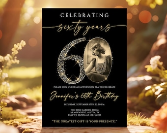 60th Birthday Invitation, Black and Gold Glitter Birthday Invite, Elegant Adult Party Printable, Man or Woman, Editable Canva Template #GBB1