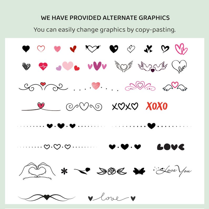 May include: A collection of black and pink heart graphics, including hearts, wings, flowers, and the words "XOXO" and "LOVE".