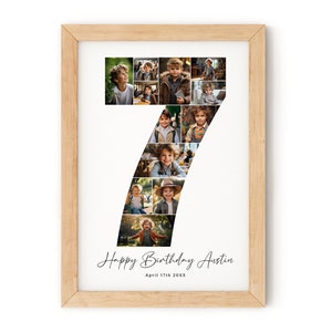 Geburtstagszahl 7 Fotocollage, Geburtstagsgeschenk, Foto zum siebten Geburtstag, Meilensteinschild, bearbeitbare Fotopostervorlage zum 7