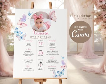 Butterfly First Birthday Milestone Sign Template, Personalized Baby's 1st Year Poster, Printable Birthday Milestone Board,  Photo Collage