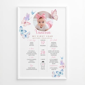Modèle de panneau papillon premier anniversaire, affiche personnalisée des 1ères années de bébé, tableau imprimable des jalons d'anniversaire, collage de photos