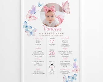 Puede incluir: Un póster de hitos con marco blanco que presenta una foto circular de un bebé con un lazo rosa. El texto dice Vanessa My First Year, incluyendo detalles de nacimiento, peso de 2,86 kg, 7,71 kg, 71,12 cm y 4 dientes. Mariposas de acuarela en azul y rosa rodean el texto.