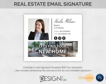 Clickable Real Estate Email Signature with Banner and Logo, Realtor Email Signature Template Canva Photoshop PSD file, Html Clickable