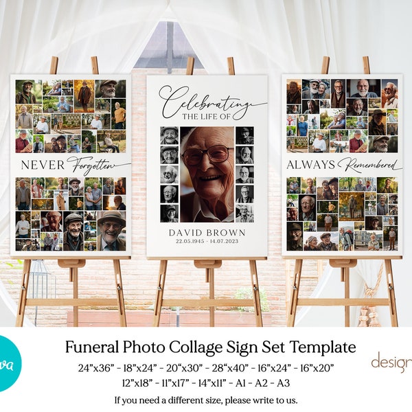 Funeral Photo Collage Sign Set Templates, Funeral Welcome Sign Template, Celebration of Life, In Loving Memory, Memorial Poster Size