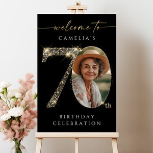 Modelo de sinal de boas-vindas de 70 anos em preto e dourado, decoração de festa personalizável e imprimível, quadro de comemoração editável, # GBB1