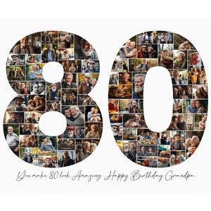 Modèle de collage photo 80e anniversaire, cadeau 80e anniversaire personnalisé pour grand-mère ou grand-père, collage de chiffres, cadeau papa, cadeau d'anniversaire, toile