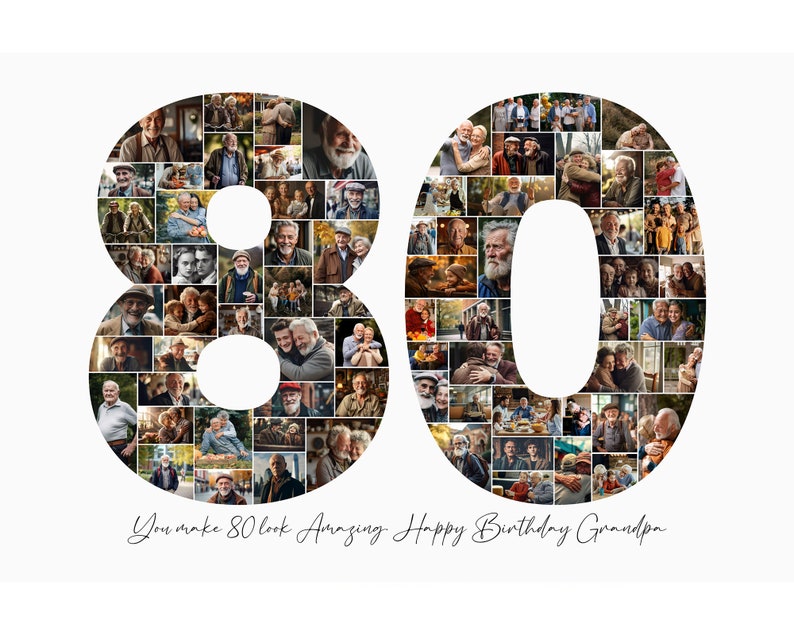 80th Birthday Photo Collage Template, Personalized 80th Birthday Gift for Grandma or Grandpa, Number Collage, Dad Gift, Birthday Gift, Canva image 1