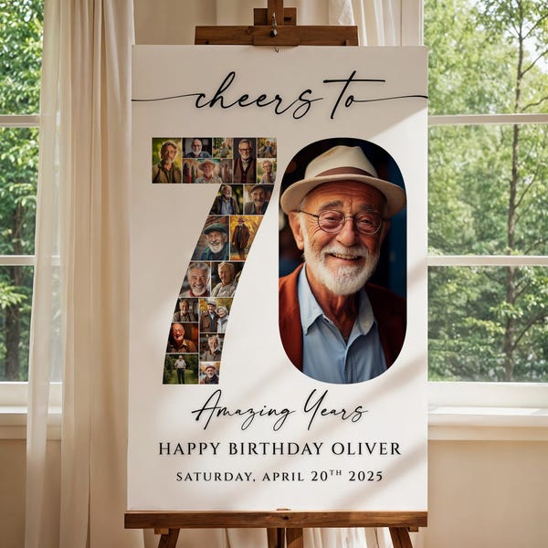 Editable 70th Birthday Photo Collage Welcome Sign, Cheers to 70 Years, Party Photo Board, Photo Montage Display Poster, Canva
