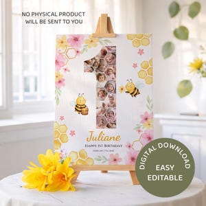 May include: A digital download birthday sign featuring a collage of photos in the shape of the number one. The sign includes the name "Juliane" and the text "Happy 1st Birthday". The design incorporates bees, flowers, and honeycomb patterns.