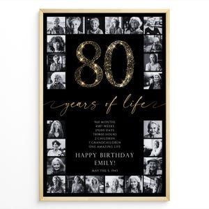 Black 80th Birthday Photo Gift for Her or Him, 80th Birthday Photo Collage Template for Grandma or for Grandpa, 80 Years of Life Poster