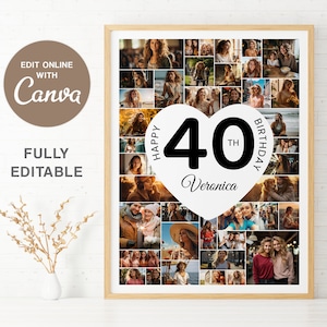 Cadeau de 40e anniversaire, modèle de collage photo, cadeau de 40e anniversaire personnalisé pour femme, homme, elle ou lui, cadeau de famille, cadeau d'anniversaire, toile