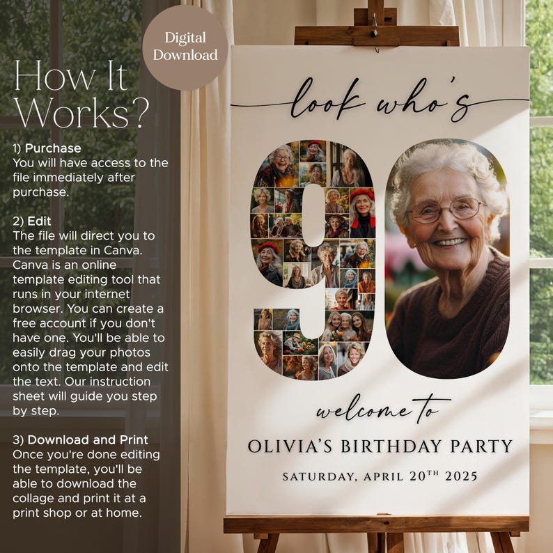90th Birthday Photo Collage Welcome Sign Template, Editable Birthday ...