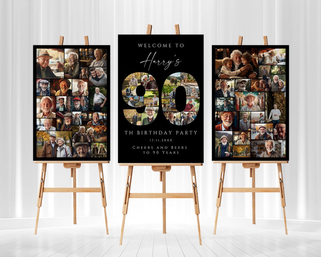 Black 90th Birthday Photo Collage Template Set, Personalized Birthday ...