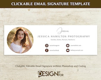 Email Signature Template Clickable Editable, Gmail Outlook Hotmail Photographer E-Mail Signature, HTML Business Email Signature with Logo