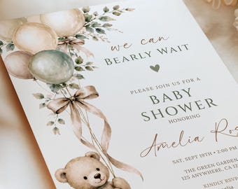 Editable We Can Bearly Wait Baby Shower Invitation, Brown Teddy Bear with Balloons Invite, Canva Template, Digital Download, #BS28