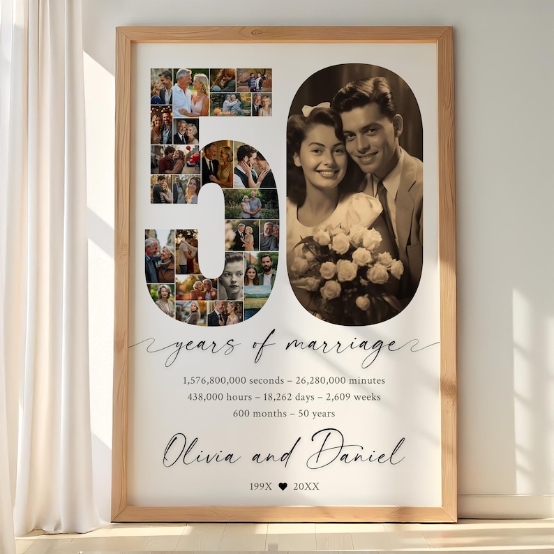 May include: A framed print celebrating a 50th wedding anniversary. The number "50" is formed with a collage of photos. The right side features a vintage photo of a couple. Text includes "years of marriage" and names "Olivia and Daniel."