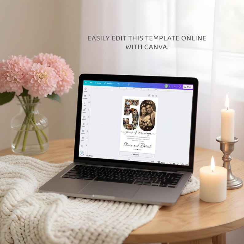 May include: A laptop displays a 50th-anniversary invitation template. The design features the number 50 filled with photos, with the text "years of marriage" and names below. The screen also displays the text "EASILY EDIT THIS TEMPLATE ONLINE WITH CANVA."