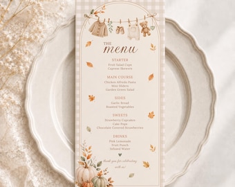 Menükarte für eine Babyparty zum Thema „Herbstliche Kürbisse“, personalisierbar, Canva-Vorlage, digitaler Download, #BS23