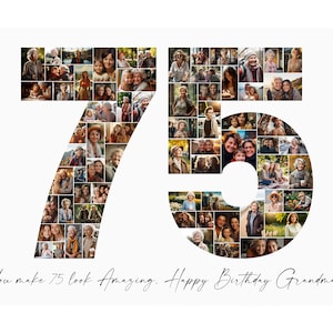 75. Geburtstag Foto-Collage, personalisiertes Geschenk für Oma, Opa oder Ehemann. Zahlen Collage Geschenk zum Geburtstag für Sie oder Ihn