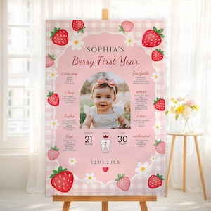 Op de afbeelding: Een roze en witte poster met een foto van een baby, aardbeien en de tekst "Sophia's Berry First Year". De poster bevat het gewicht van de baby (9,5 kg), de lengte (76 cm) en andere details.
