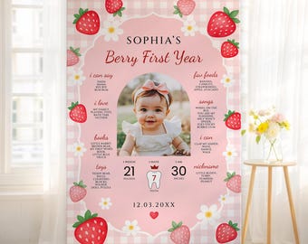Strawberry First Birthday Photo Milestone Sign, One Year Birthday Stats Board, Baby First Year Poster, Canva Template Digital Download, #SBT