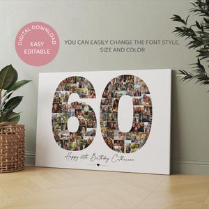 May include: A white canvas print with a photo collage of 60 pictures arranged in the shape of the number 60. The text "Happy 60th Birthday Catherine" is printed below the number.