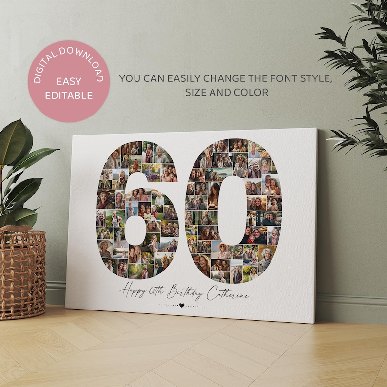 May include: A white canvas print with a photo collage of 60 pictures arranged in the shape of the number 60. The text "Happy 60th Birthday Catherine" is printed below the number.