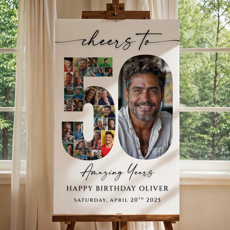 Editable 50th birthday photo collage welcome sign template