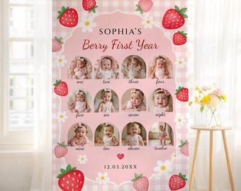 Berry First Birthday Photo Collage Template, Strawberry 1st Birthday Poster, One Year Milestone Board, Baby Photo Poster, Canva,  #SBT